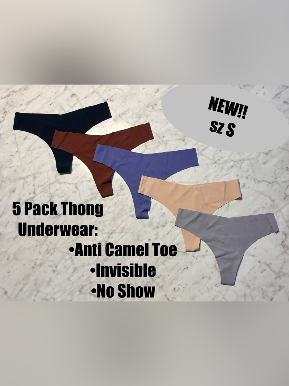 5-Pack Women’s Invisible No Show Anti Camel Toe Thong Panties Underwear NEW sz S
